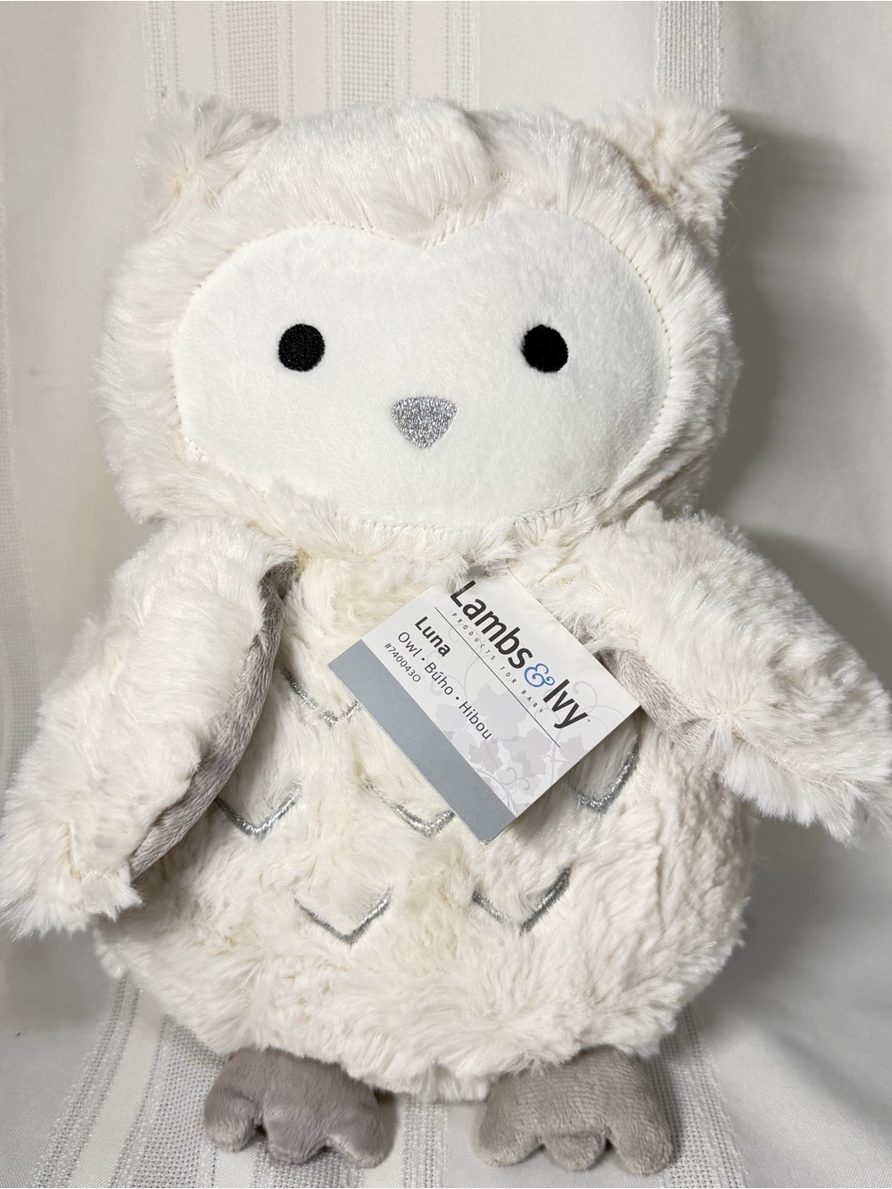 New Lambs & Ivy Luna White/Gray Plush Owl Stuffed Animal Stuffy Baby Toy